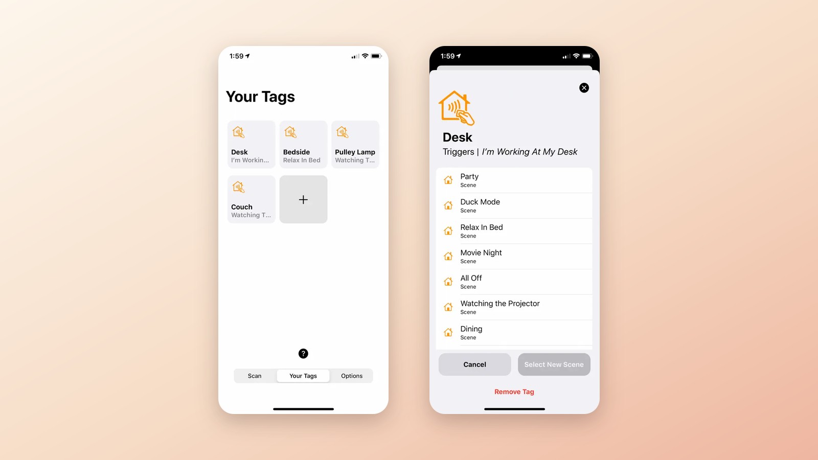 HomeTags — An iOS app that turns cheap NFC tags into physical triggers for your smart home — tap your phone to a tag, fire a HomeKit scene.